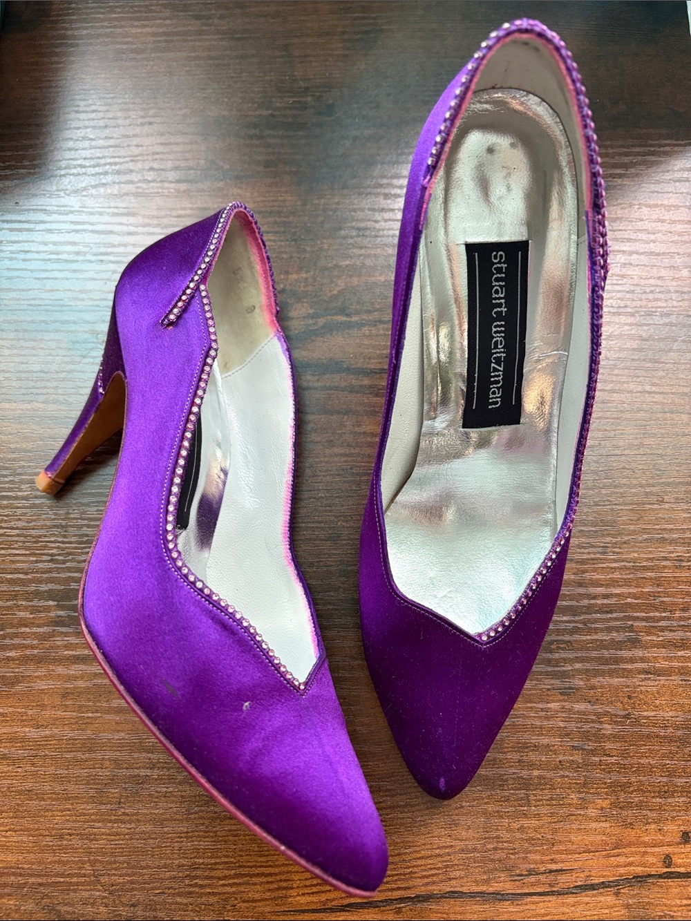 Stuart Weitzman Vibrant Purple Satin Pointed Crystal-Trim Heels Vintage